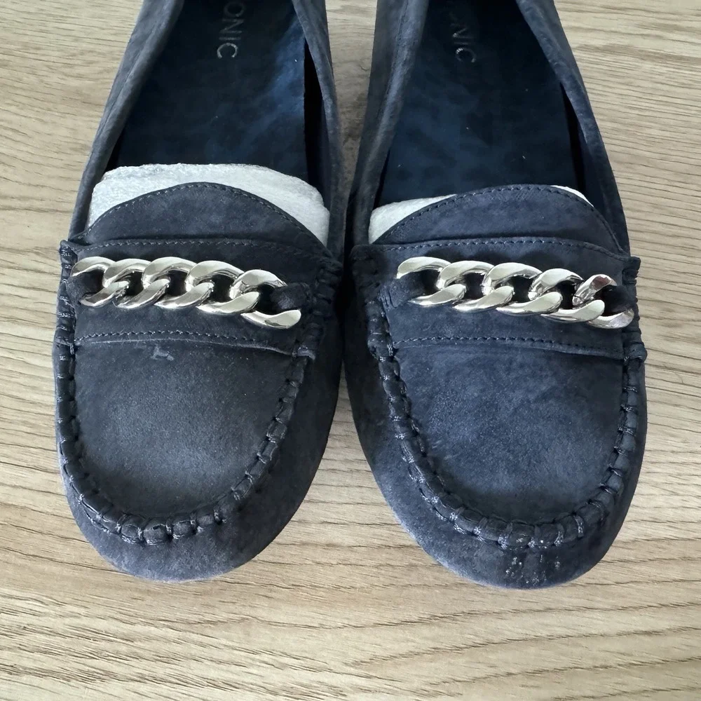 Vionic Mesa Navy Blue Suede Slip On Comfort Loafers‎ Chain Womens Size 9.5 Wide